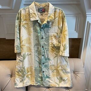 W: Hilo Hattie Men’s L Button-Down Aloha Shirt Tropical 100% Silk Yellow Green
